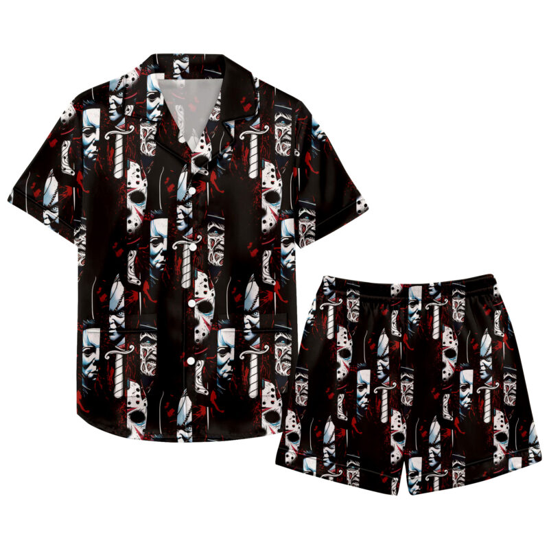 Retro Halloween Satin Pajamas Set, Horror Character Short Pajamas, Scary Movie Sleepwear For Her Trick Or Treat Fans Gift