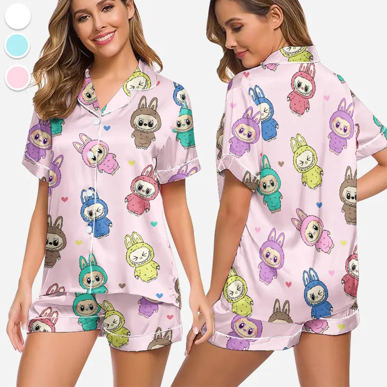 Labubu Horror Pajamas Set, Horror Character Pajamas, Button Up Sleepwear, Cozy Outfit for Horror Fans, Spooky Gifts for Men, Labubu Merch