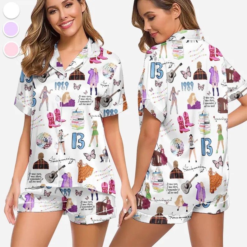 Women's & Teen Imitation Silk Pajama Set With Short Sleeves and Cute Trendy All-Over Print Ready to Ship