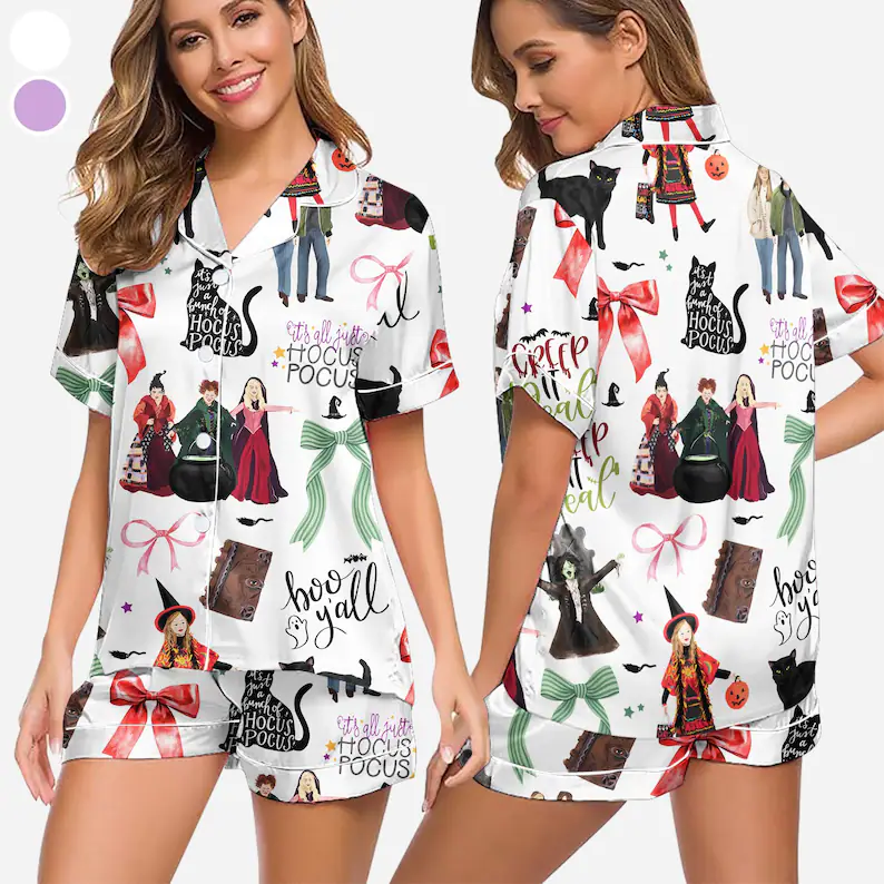 Hocus Pocus Pajamas Set, Sanderson Sisters Satin Pajamas, Spooky Season Pajamas Set, Trick Or Treat Shirt, houcus picus wind spinner