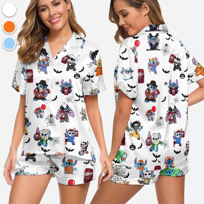 Halloween Dr Pepper Stitch Pajamas Set, Halloween Silk Pajamas, Womenswear, Stitch, Dr Pepper, Halloween outfits, Dr Pepper Halloween Pajama