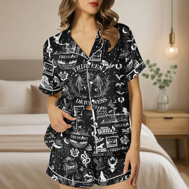 Throne Of Glass Satin Pajamas, Fireheart Pajamas Shorts Set, Dark Fantasy Quote Sleepwear, You Do Not Yield Gift