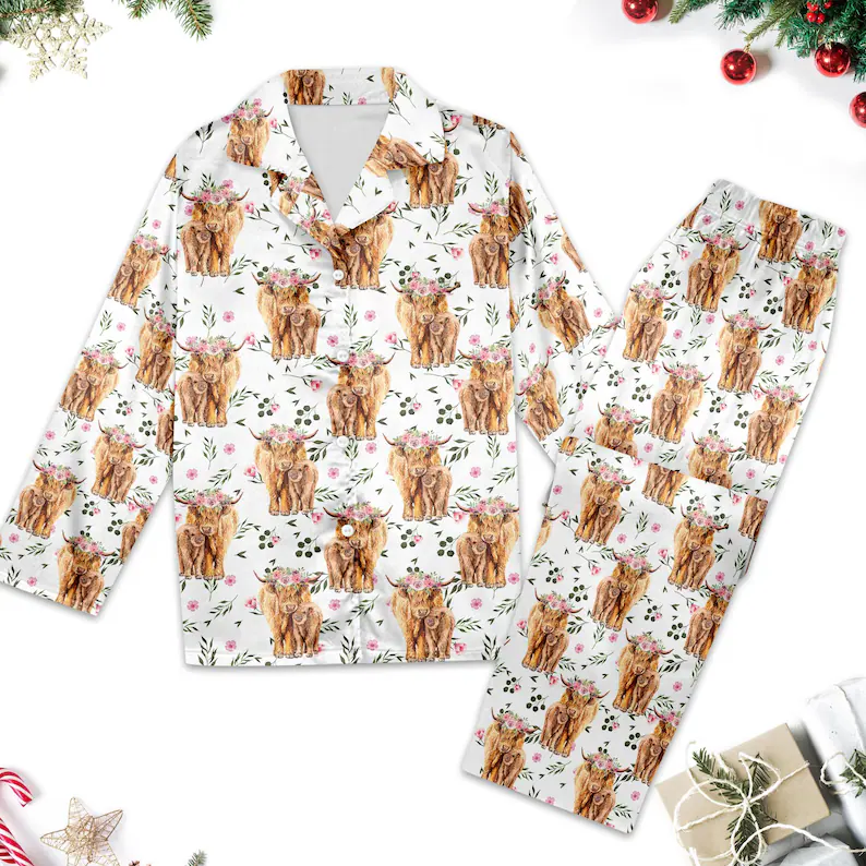 Unique Highland Cow Pajamas, Cow Pajamas Set Women, Cow Shirt For Mom, Funny Cow Shirt, Cow Farm Button Up Shirt, Cow Gifts For Her