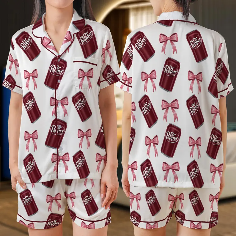 Dr Pepper Satin Pajamas Set, Dr Pepper Soda Lover Pajamas, Lover Drinks Loungewear, Coquette Diet Pepper Sleepwear, Gift for Dr Pepper Lover