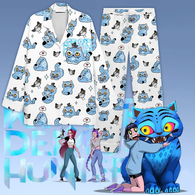 Kpop Demon Hunters Tiger Satin Pajama Set, Derpy the Tiger & Bird Sleepwear, Kpop Saja Boys Pajamas, Kpop Demon Hunter Shirt