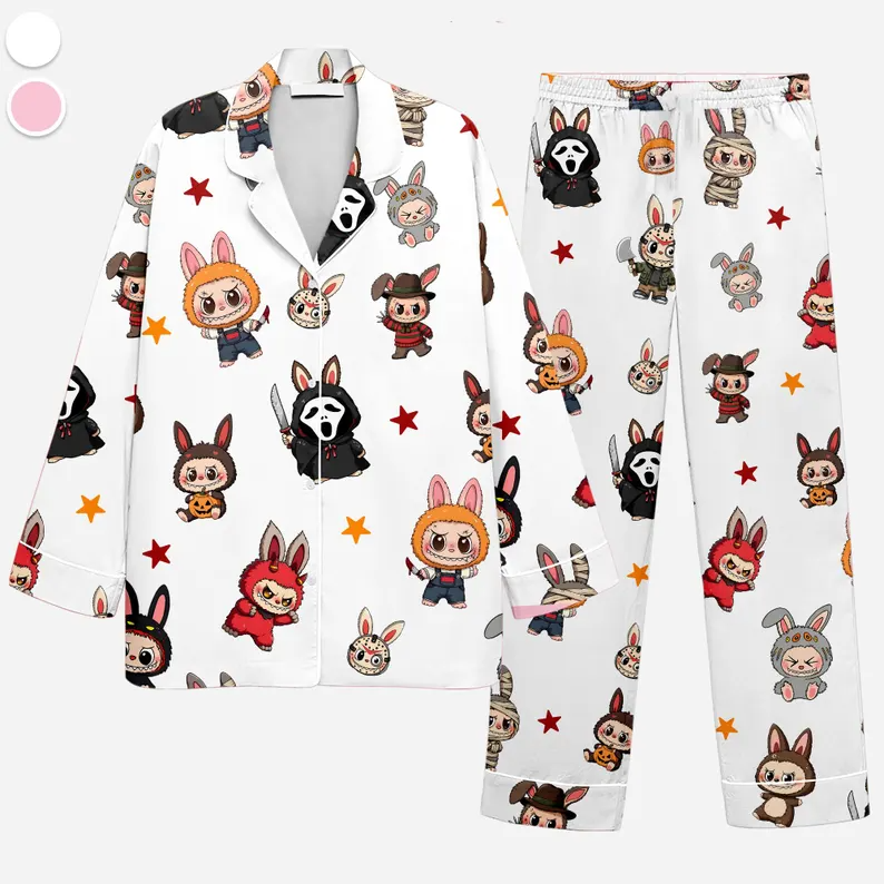 Labubu Horror Pajamas Set, Horror Character Pajamas, Button Up Sleepwear, Cozy Outfit for Horror Fans, Spooky Gifts for Men, Labubu Merch