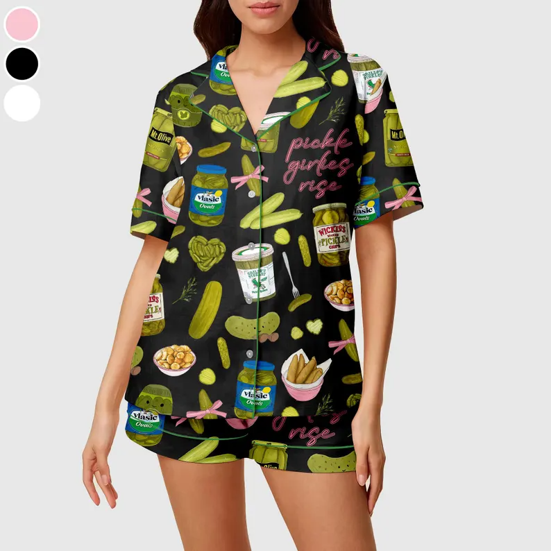 Pickle Girlies Satin Pajama Set, Funny Pickle Print PJs for Women, Button Up Short Sleeve Loungewear, Cute Foodie Sleep Set