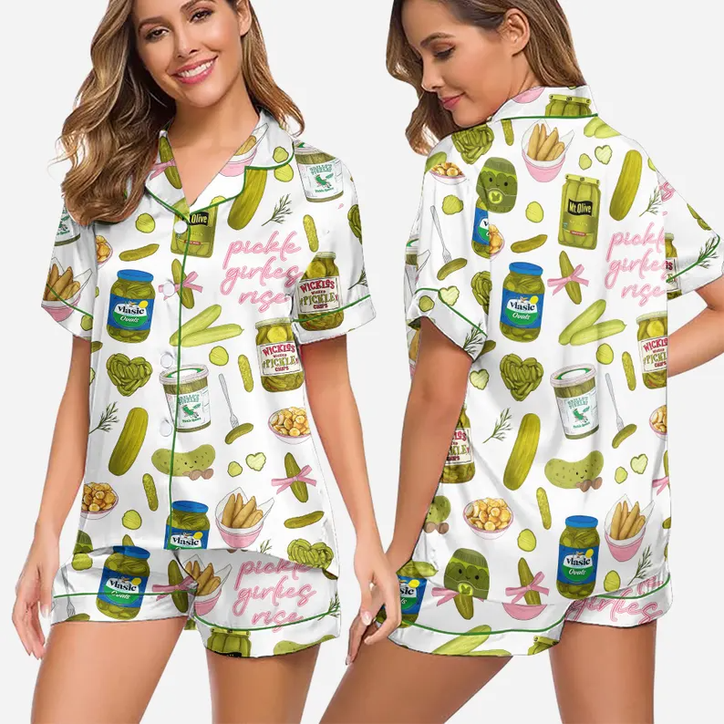 Women's Pickle Print Satin Pajamas Set Printed Comfortable Satin Pajamas and Loungewear Pjs Short Sleeve Top & Shorts Withought Pockets