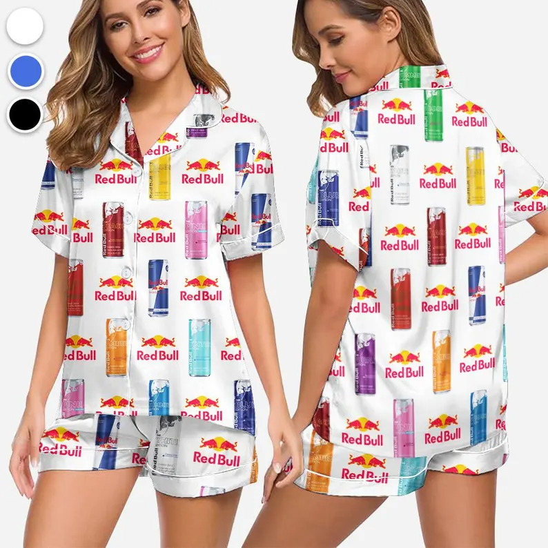 Red Bull Energy Drink Pajama Set, Energy Drink Aesthetic Satin Sleepwear, Cute Blue Bow Coquette Red Bull Can Pjs, First I need a Red Bull