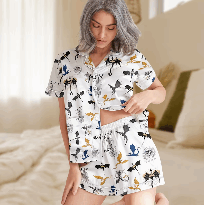 Fourth Wing Short Satin Pajamas, Fantasy Bookish Sleepwear For Women, Dragon Rider Short Sleeve Sleepwear, Romantasy Satin Sleepwear
