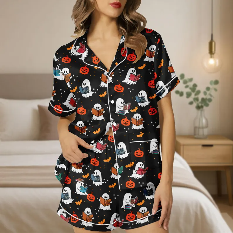 Halloween Satin Pajamas, Ghost Reading Book Silk Pajamas, Pumpkin Pj Set, Fall Pajamas, Spooky Season Gift