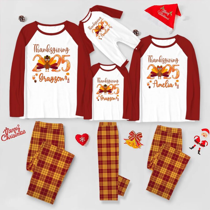 Custom 2025 Thanksgiving Pajamas With Name, Personalized Turkey Jammies, Friendsgiving Pajamas