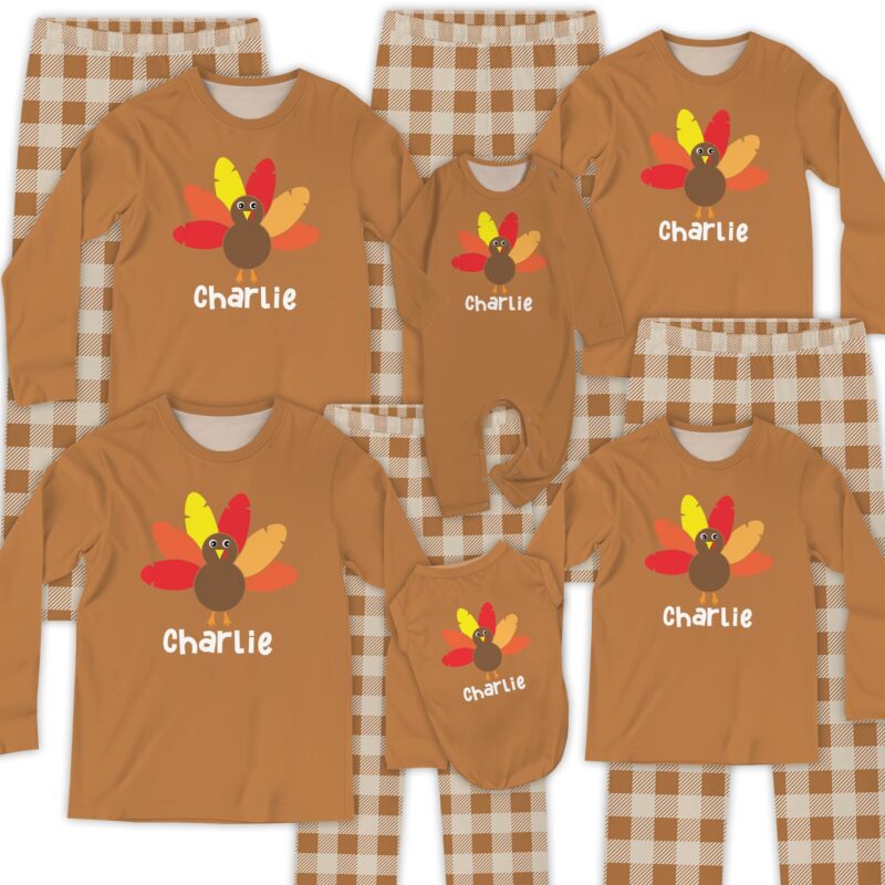 Custom Name Thanksgiving Family Jammies, Thanksgiving Turkey PJ Sets For Women Men Kid Couples