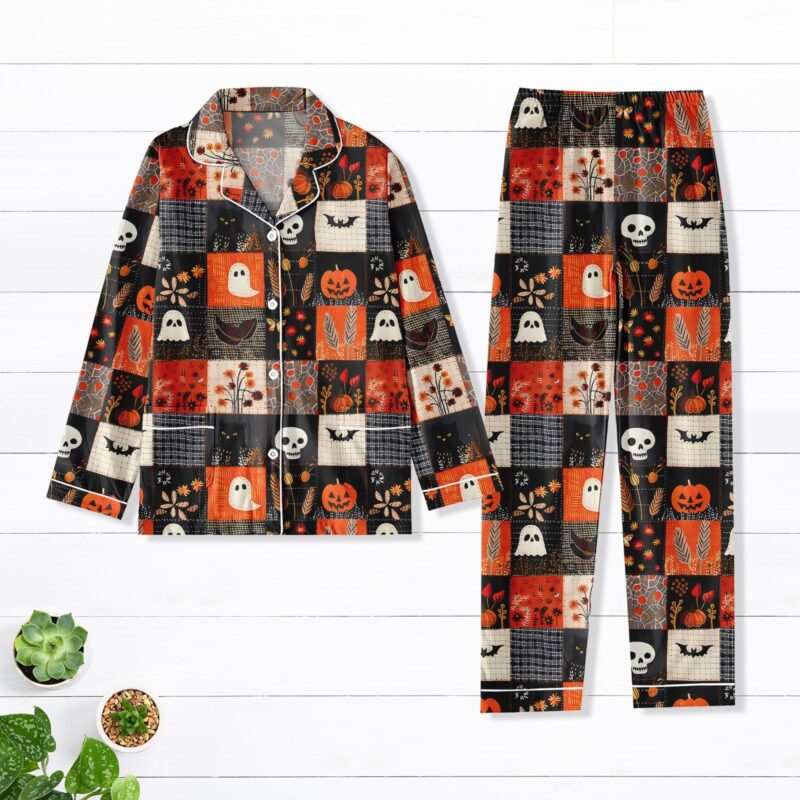 Halloween Patchwork Pajamas Set, Cute Ghost Bat Women Pajamas, Pumpkin Skull Holiday Pajamas, Autumn Festival Matching Family Pjs