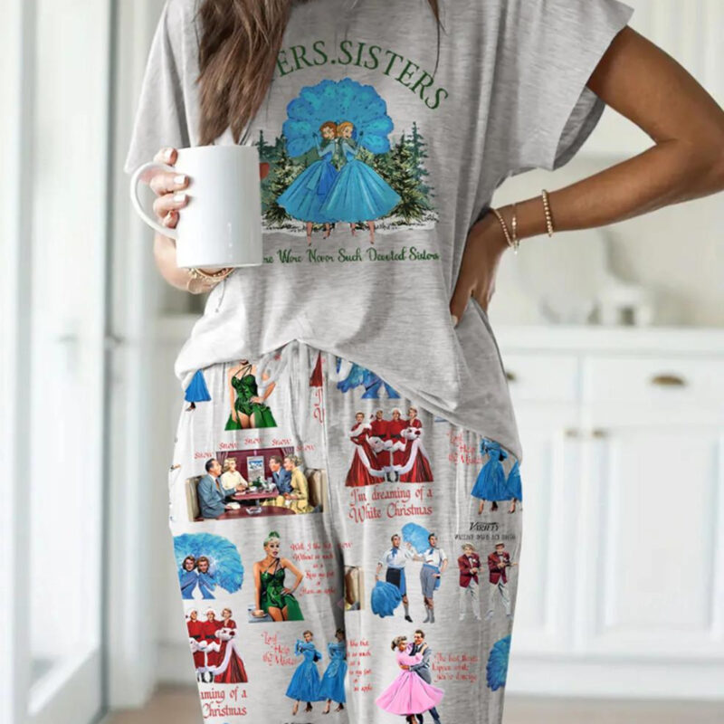 White Christmas Sisters Casual Pajama Set For Women