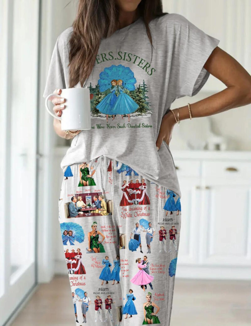 White Christmas Sisters Casual Pajama Set For Women