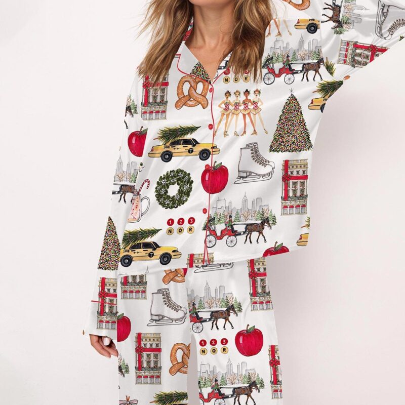 Christmas In New York Satin Pajama Set For Women Print Comfy Satin Sleepwear & Loungewear Pjs Printing Silky Top & Bottoms