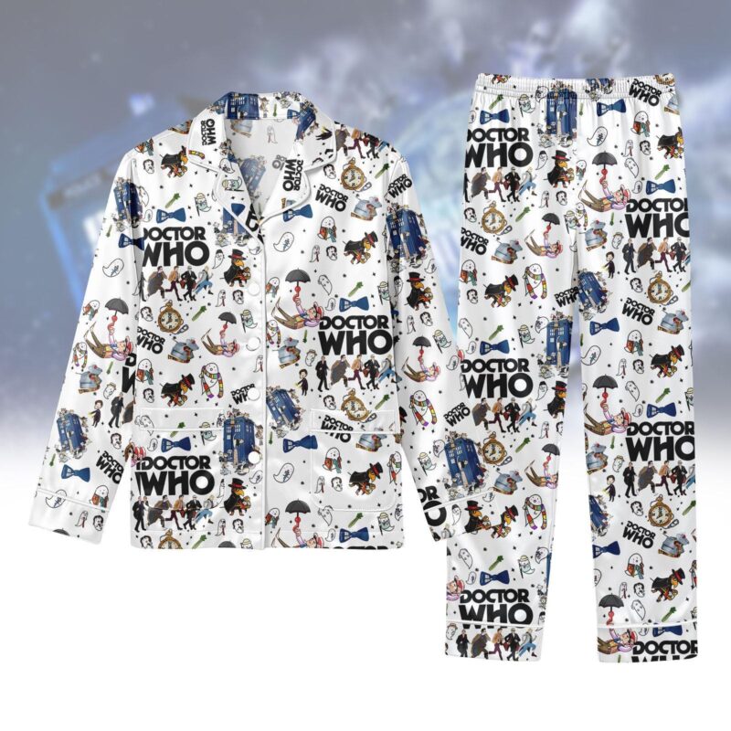 Doctor Who Pajamas Set, Police Box Long Satin Pajamas, Tardis Doctor Who Sleepwear, Doctor Who Fan Gift, Silk Pajamas For Women